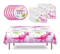 WERNNSAI Fournitures de Fête D'anniversaire Dinosaure Rose - 33PCS Trois Assiettes Rex Nappe Serviettes Ensemble de Vaisselle de Fête T-Rex Dino pour Enfants Filles Décoration D'anniversaire