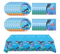 WERNNSAI Fournitures de Fête Sous la Mer - 48 Pièces - Assiettes, Serviettes, Nappes pour Enfants et Garçons - Thème Animaux Marins - Décorations pour 16 Invités