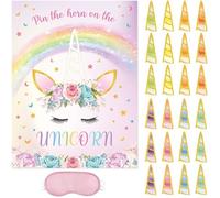 WERNNSAI Jeu de licorne Pin the Horn on the Unicorn - 51 × 73 cm - Jeu de fête licorne pour filles avec 24 cornes - Fournitures de fête d'anniversaire