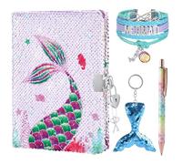 WERNNSAI Journal de Sirène pour Filles - Kit Journal à Paillettes avec Carnet A5 Bracelet Porte Clés Stylo pour Dessiner et Écrire Carnet de notes Cadeaux Anniversaire et de Noël pour Filles 6-12