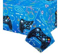 WERNNSAI Nappe de Jeu Vidéo - 2 PCS Décorations de Fête de Jeu Bleues Nappe Rectangulaire Game on Level Up pour Garçons Enfants Gamer Soirée de Game Cadeaux de Fête 137 X 274 Cm