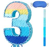 WERNNSAI Numéro 3 Pinata - Décorations de 3e anniversaire Pinata bleue numérotée avec bandeau et bâton pour la fête du troisième anniversaire Décoration de 3 ans Accessoires pour photos dégradées