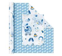 WERNNSAI Papier Cadeau Bébé Garçon - 1 Rouleau Papier Cadeau d'Anniversaire Garçon Baby Shower d'Enfants Empreintes Pas Réversibles Bleues Fournitures Cadeaux Fête d'Anniversaire Nouveau-Né 43cm x 10m