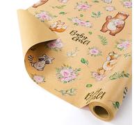 WERNNSAI Papier Cadeau Kraft pour Bébé - 1 Rouleau Papier Cadeau Bébé Fille Motif Floral Animaux Emballage Cadeau Kraft Renard Ours Mignon Décoration Fête Prénatale Nouveau-Né Anniversaire 43cmx10m