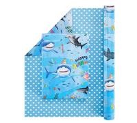 WERNNSAI Papier Cadeau Requin - 1 Rouleau Papier Cadeau Joyeux Anniversaire pour Garçons Enfants Bleu Océan Réversible à Pois pour Anniversaire Piscine d'Été Décoration Fête d'Anniversaire 43cm x 10m