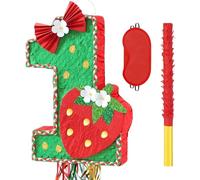 WERNNSAI Piñata d'anniversaire - 1er anniversaire avec chiffres pour fille, bébé fille et enfant Fraise rouge remplie avec masque pour les yeux bâton et cordon de serrage à suspendre Décoration de