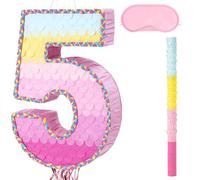 WERNNSAI Piñata d'anniversaire - 5e anniversaire fille garçon enfants arc-en-ciel chiffres Pinata avec masque pour les yeux bâton et cordon de serrage pour fête d'anniversaire décoration jeux