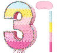 WERNNSAI Piñata d'anniversaire - Piñata chiffres de 3 ans pour anniversaire fille garçon enfants multicolore à suspendre remplie avec masque pour les yeux, bâton, pompon, cordon d'extraction