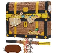 WERNNSAI Piñata en forme de coffre au trésor de pirate - Piñata d'anniversaire de pirate avec bandeau pour les yeux et bâton pour aventure océanique, décoration de fête d'anniversaire, chasse au