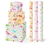 WERNNSAI Rouleaux de Papier Cadeau Dinosaure - 3 Rouleaux de Papier Cadeau Rose Dinosaure pour Enfants Fille Papier Cadeau D'anniversaire Jurassique avec Ligne de Découpe 43cm X 3m