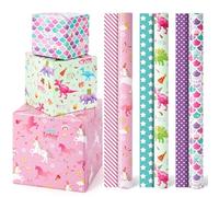 WERNNSAI Rouleaux de Papier Cadeau pour Fille - 3 Rouleaux de Papier Cadeau D'anniversaire Réversible Rose pour Fille Motif Dinosaure Licorne Sirène pour Fête de Princesse avec Ligne Découpe 43cm X 3m