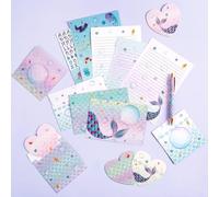 WERNNSAI Sirène Enveloppes de Papier Papeterie - 71 PCS Sirène Papier de Papeterie pour Enfants Filles Noël Cadeaux d'anniversaire Papier de Enveloppes Cartes Autocollants Plume Boite Cadeau