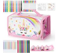 WERNNSAI Trousse à Enrouler Licorne - 56 Pièces Feutres Coloriage avec Papeterie, Autocollants et Coloriages - Cadeau Fille
