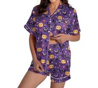 WERNZATT Ensemble de pyjama 2 pièces en satin avec imprimé citrouille fantôme, haut boutonné à manches courtes et short pour femme, G Violet., S