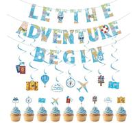 Werownsgso Let The Adventure Begin Lot de 37 bannières à thème de voyage, décoration de fête, bannière à suspendre pour voyages dans le monde, fêtes maritimes, retraite, remise de diplôme, fêtes