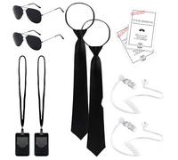 Werownsgso Lot de 10 accessoires de costume d'agent secret pour homme, en noir, accessoires de costume avec cravate, lunettes de soleil, porte-cartes, Earpiece Tube, carte Bodyguard, costume pour