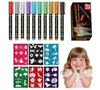 Werownsgso Lot de 10 stylos de tatouage pour enfants avec 56 pochoirs de tatouage temporaires - Marqueurs pour adultes et enfants - Paillettes - Étanche - Doux pour la peau - Pour Halloween, carnaval