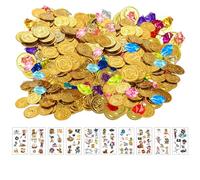 Werownsgso Lot de 160 pièces d'or pirates - 50 pièces d'or - 100 pierres précieuses pour enfants - 10 autocollants de tatouage pirate - Chasse au trésor - Décoration pour anniversaire d'enfant