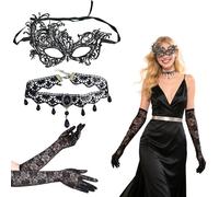 Werownsgso Lot de 3 gants gothiques Steampunk pour femme - Masque en maille - Costume d'Halloween - Manchettes vintage en dentelle - Accessoires pour carnaval