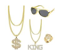 Werownsgso Lot de 4 accessoires de costume hip hop, collier en plastique, bague signe dollar, lunettes de soleil rétro, tenue rappeur des années 80, 90, accessoire hip-hop pour carnaval, cosplay