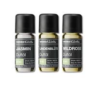 wesentlich. Kit d'huiles parfumées - Compositions parfumées harmonieuses pour lampe à parfum, diffuseur et bougies - Jasmin, fleur de tilleul, rose