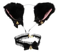 WESIEVYA Ensemble Serre-têtes Oreilles de Chat Noirs Nœuds en Dentelle Rose et Noir, Collier à Clochettes en Dentelle Noire, Accessoires de Fête Légers pour Cosplay et Soirées à Thème,