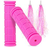 WESIEVYA Paire de Poignées de Guidon de Vélo en Caoutchouc Antidérapant Rose avec Pompons Décoratifs, Accessoires de Cyclisme pour Garçon et Filles, Compatibles Tricycles et Scooters, Kit