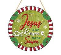 Wesiti Couronne de porte de Noël en bois Jésus est la raison pour la saison Panneau de porte de Noël Jésus est la raison pour la saison Panneau de Noël à suspendre pour porte d'entrée