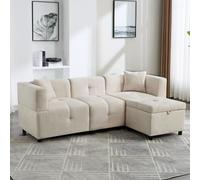 Weskjer Canapé-lit en tissu chenille beige en forme de L avec espace de rangement - Canapé modulaire beige avec repose-pieds amovible et 2 coussins pour salon, bureau, etc