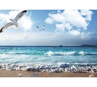 Wesmilewallpaper Papier Peint Panoramique 3D Papiers Peints Intissé Paysage Marin De Plage De Mouette De Nuages Blancs De Ciel Bleu Tapisserie Murales Papier Peint Poster 250x175cm