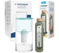 Wessper AquaClassic Crystalline Pichet en verre 3L avec filtre + Bouteille en verre ActiveMax Crystalline avec étui en silicone 1L - couleur menthe