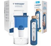 Wessper AquaClassic Crystalline Verseuse en verre avec filtre 3L + ActiveMax Bouteille en verre Crystalline avec housse en silicone 1L en bleu