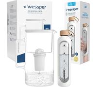 Wessper AquaClassic pichet en verre cristallin avec filtre 3L + bouteille ActiveMax en verre cristallin avec étui en silicone 1L en blanc