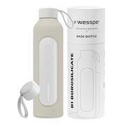 Wessper Bouteille a eau 1 Litre, Bouteille de Motivation avec échelle D'hydratation, Gourde pour eau en Verre Borosilicaté avec étui en Silicone, Matériau Sans BPA - écru