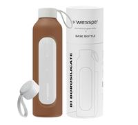 Wessper Bouteille a eau 1 Litre, Bouteille de Motivation avec échelle D'hydratation, Gourde pour eau en Verre Borosilicaté avec étui en Silicone, Matériau Sans BPA - Moka