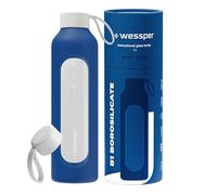 Wessper Bouteille a eau 1 Litre, Bouteille de Motivation avec échelle D'hydratation, Gourde pour eau en Verre Borosilicaté avec étui en Silicone, Matériau Sans BPA - Bleu