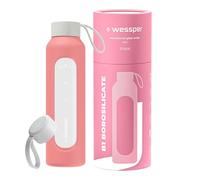Wessper Bouteille a eau 500 milliliters, Bouteille de Motivation avec échelle D'hydratation, Gourde pour eau en Verre Borosilicaté avec étui en Silicone, Matériau Sans BPA - Rose
