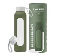 Wessper Bouteille a eau 500 millilitres, Bouteille de Motivation avec échelle D'hydratation, Gourde pour eau en Verre Borosilicaté avec étui en Silicone, Matériau Sans BPA - Olive