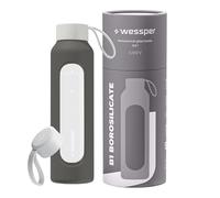 Wessper Bouteille a eau 500 millilitres, Bouteille de Motivation avec échelle D'hydratation, Gourde pour eau en Verre Borosilicaté avec étui en Silicone, Matériau Sans BPA - Gris