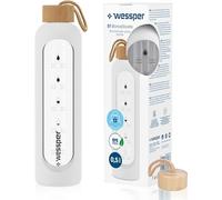 Wessper Bouteille a eau 500 millilitres, Bouteille de Motivation avec échelle D'hydratation, Gourde pour eau en Verre Borosilicaté avec étui en Silicone, Matériau Sans BPA - Blanc