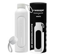 Wessper Bouteille d’eau 1L de Motivation en verre avec temps horaire, Sans BPA, Gourde en verre hermétique 1000 ml avec couvercle en bambou réutilisable avec housse en silicone - Blanc
