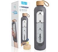 Wessper Bouteille d’eau 1L de Motivation en verre avec temps horaire, Sans BPA, Gourde en verre hermétique 1000 ml avec couvercle en bambou réutilisable avec housse en silicone - Gris