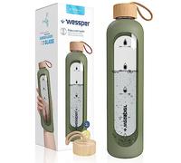 Wessper Bouteille d’eau 1L de Motivation en verre avec temps horaire, Sans BPA, Gourde en verre hermétique 1000 ml avec couvercle en bambou réutilisable avec housse en silicone - Olive
