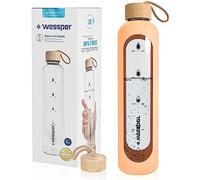 Wessper Bouteille d’eau 1L de Motivation en verre avec temps horaire, Sans BPA, Gourde en verre hermétique 1000 ml avec couvercle en bambou réutilisable avec housse en silicone - Pêche