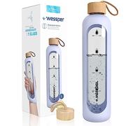 Wessper Bouteille d’eau 1L de Motivation en verre avec temps horaire, Sans BPA, Gourde en verre hermétique 1000 ml avec couvercle en bambou réutilisable avec housse en silicone - Violet