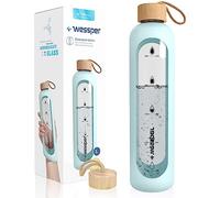 Wessper Bouteille d’eau 1L de Motivation en verre avec temps horaire, Sans BPA, Gourde en verre hermétique 1000 ml avec couvercle en bambou réutilisable avec housse en silicone - Bleu clair