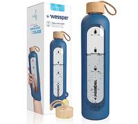 Wessper Bouteille d’eau 1L de Motivation en verre avec temps horaire, Sans BPA, Gourde en verre hermétique 1000 ml avec couvercle en bambou réutilisable avec housse en silicone - Bleu