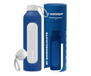 Wessper Bouteille d’eau 1L de Motivation en verre avec temps horaire, Sans BPA, Gourde en verre hermétique 1000 ml avec couvercle en bambou réutilisable avec housse en silicone - Bleu