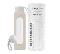 Wessper Bouteille d'eau 500 ml, bouteille motivante avec échelle d'hydratation, gourde en verre borosilicaté avec étui en silicone, matériau sans BPA, Écru