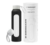 Wessper Bouteille d'eau 500 ml, bouteille motivante avec échelle d'hydratation, gourde en verre borosilicaté avec étui en silicone, matériau sans BPA, Noir
